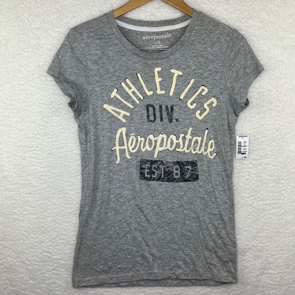 Aeropostale Womens Athletics Div Graphic‎ T-Shirt Heather Grey Large White Y2K